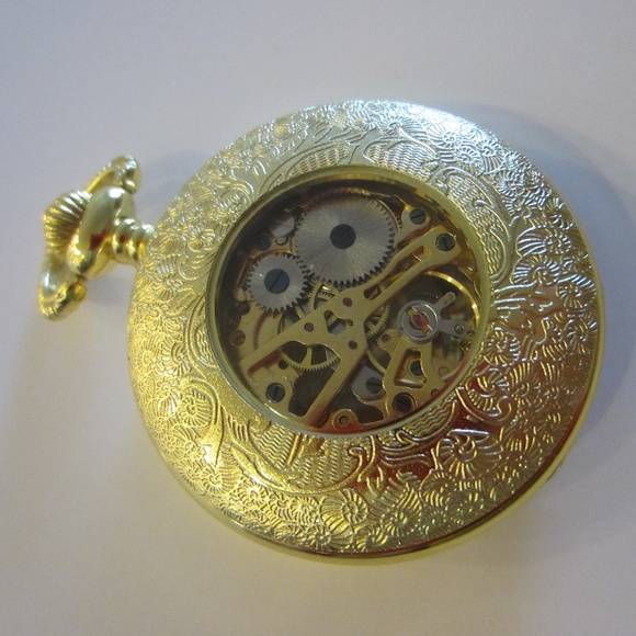 Golden Brass Filigree Geometric Winding Open Concept Pocket Watch Pendant main image 15